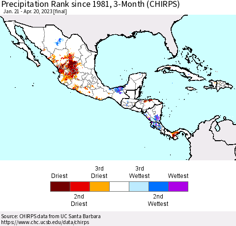 Mexico Central America and the Caribbean Precipitation Rank since 1981, 3-Month (CHIRPS) Thematic Map For 1/21/2023 - 4/20/2023