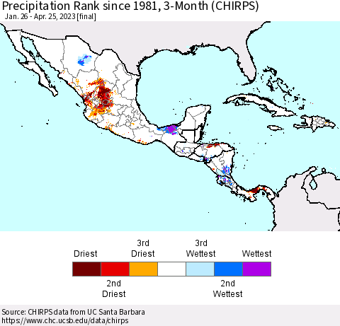 Mexico Central America and the Caribbean Precipitation Rank since 1981, 3-Month (CHIRPS) Thematic Map For 1/26/2023 - 4/25/2023