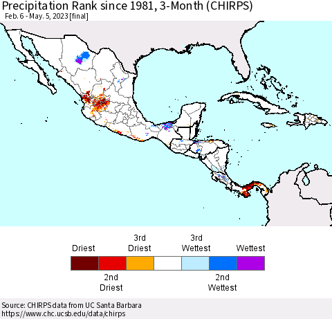Mexico Central America and the Caribbean Precipitation Rank since 1981, 3-Month (CHIRPS) Thematic Map For 2/6/2023 - 5/5/2023