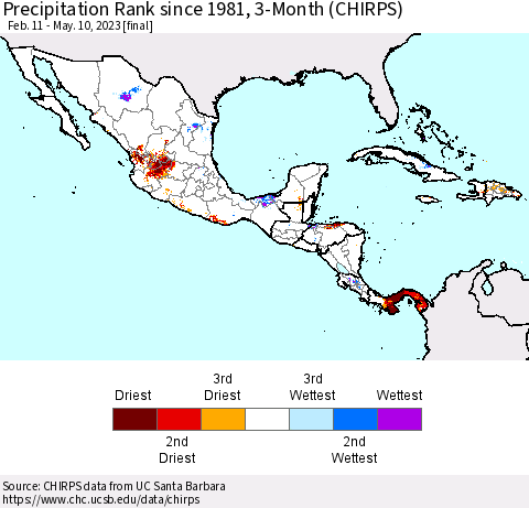 Mexico Central America and the Caribbean Precipitation Rank since 1981, 3-Month (CHIRPS) Thematic Map For 2/11/2023 - 5/10/2023