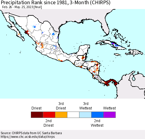 Mexico Central America and the Caribbean Precipitation Rank since 1981, 3-Month (CHIRPS) Thematic Map For 2/26/2023 - 5/25/2023