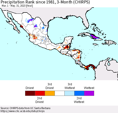 Mexico Central America and the Caribbean Precipitation Rank since 1981, 3-Month (CHIRPS) Thematic Map For 3/1/2023 - 5/31/2023