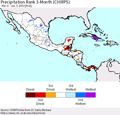 Mexico Central America and the Caribbean Precipitation Rank since 1981, 3-Month (CHIRPS) Thematic Map For 3/6/2023 - 6/5/2023