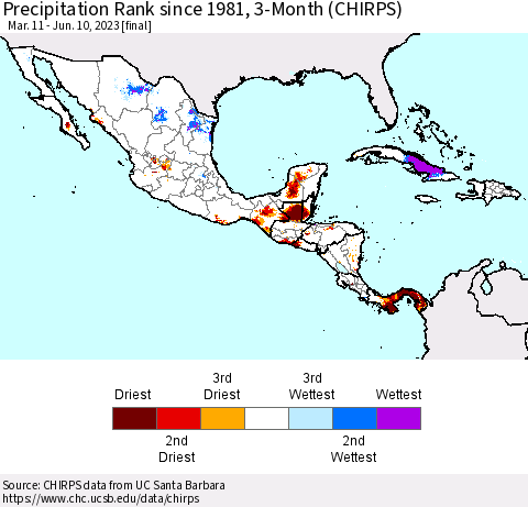 Mexico Central America and the Caribbean Precipitation Rank since 1981, 3-Month (CHIRPS) Thematic Map For 3/11/2023 - 6/10/2023