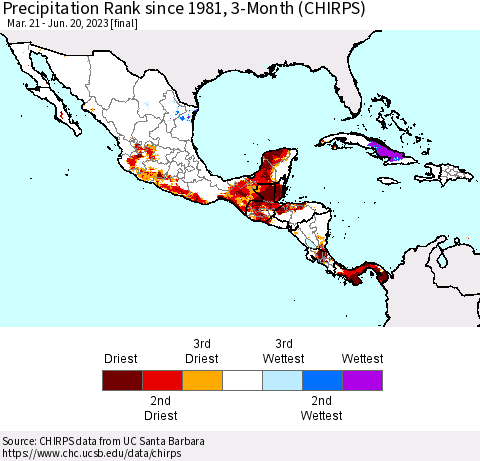 Mexico Central America and the Caribbean Precipitation Rank since 1981, 3-Month (CHIRPS) Thematic Map For 3/21/2023 - 6/20/2023