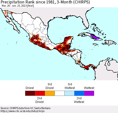 Mexico Central America and the Caribbean Precipitation Rank since 1981, 3-Month (CHIRPS) Thematic Map For 3/26/2023 - 6/25/2023