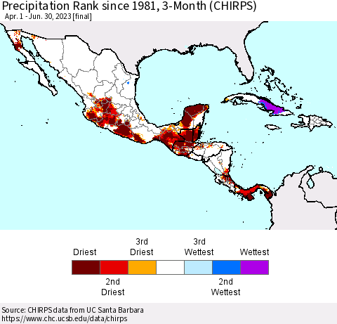 Mexico Central America and the Caribbean Precipitation Rank since 1981, 3-Month (CHIRPS) Thematic Map For 4/1/2023 - 6/30/2023