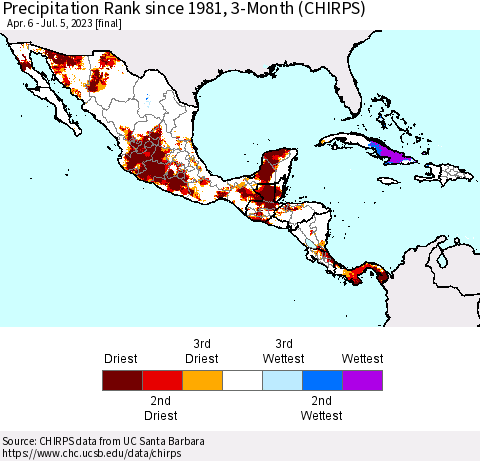 Mexico Central America and the Caribbean Precipitation Rank since 1981, 3-Month (CHIRPS) Thematic Map For 4/6/2023 - 7/5/2023