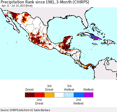 Mexico Central America and the Caribbean Precipitation Rank since 1981, 3-Month (CHIRPS) Thematic Map For 4/11/2023 - 7/10/2023