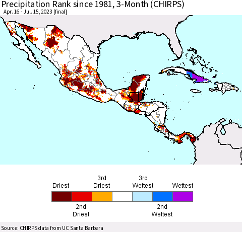 Mexico Central America and the Caribbean Precipitation Rank since 1981, 3-Month (CHIRPS) Thematic Map For 4/16/2023 - 7/15/2023