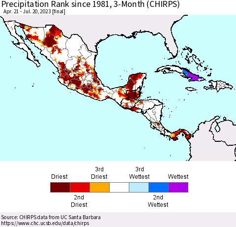 Mexico Central America and the Caribbean Precipitation Rank since 1981, 3-Month (CHIRPS) Thematic Map For 4/21/2023 - 7/20/2023