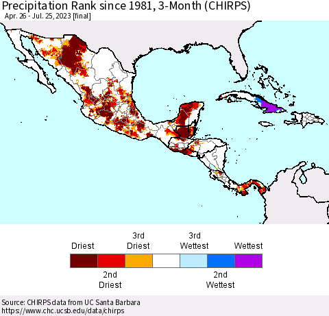 Mexico Central America and the Caribbean Precipitation Rank since 1981, 3-Month (CHIRPS) Thematic Map For 4/26/2023 - 7/25/2023