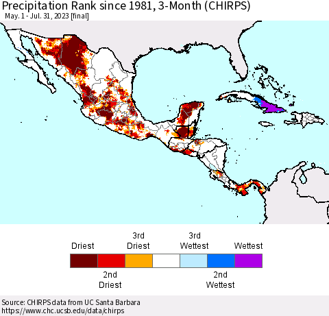 Mexico Central America and the Caribbean Precipitation Rank since 1981, 3-Month (CHIRPS) Thematic Map For 5/1/2023 - 7/31/2023