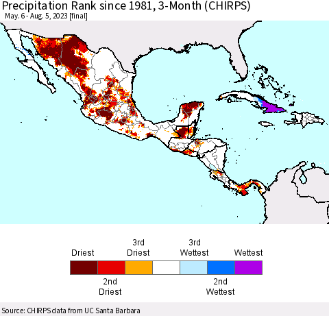 Mexico Central America and the Caribbean Precipitation Rank since 1981, 3-Month (CHIRPS) Thematic Map For 5/6/2023 - 8/5/2023