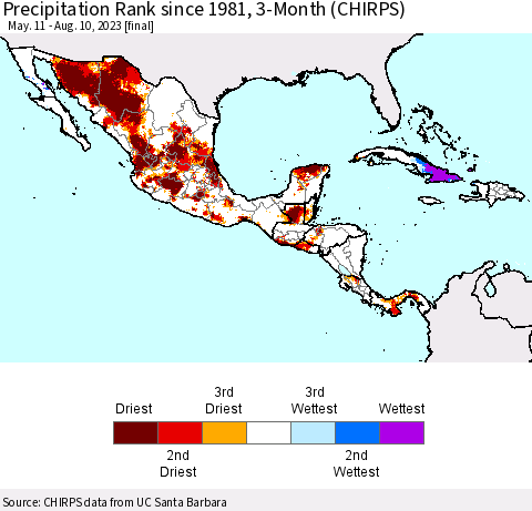 Mexico Central America and the Caribbean Precipitation Rank since 1981, 3-Month (CHIRPS) Thematic Map For 5/11/2023 - 8/10/2023