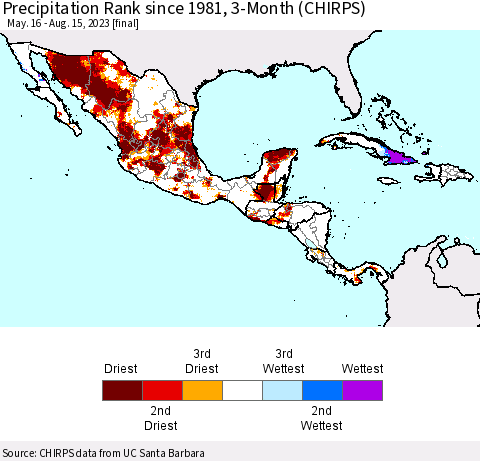 Mexico Central America and the Caribbean Precipitation Rank since 1981, 3-Month (CHIRPS) Thematic Map For 5/16/2023 - 8/15/2023