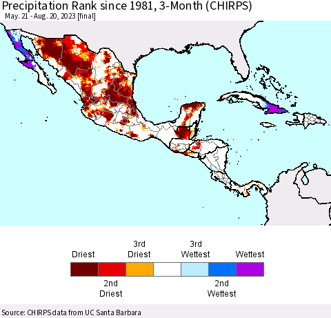 Mexico Central America and the Caribbean Precipitation Rank since 1981, 3-Month (CHIRPS) Thematic Map For 5/21/2023 - 8/20/2023