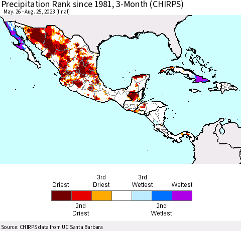 Mexico Central America and the Caribbean Precipitation Rank since 1981, 3-Month (CHIRPS) Thematic Map For 5/26/2023 - 8/25/2023