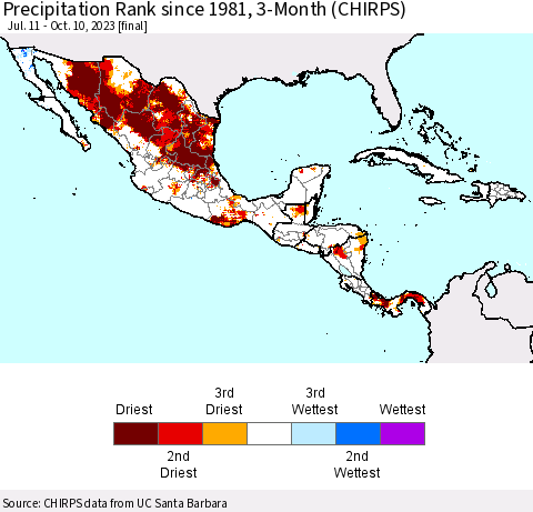 Mexico Central America and the Caribbean Precipitation Rank since 1981, 3-Month (CHIRPS) Thematic Map For 7/11/2023 - 10/10/2023