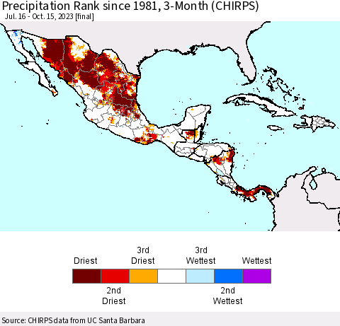 Mexico Central America and the Caribbean Precipitation Rank since 1981, 3-Month (CHIRPS) Thematic Map For 7/16/2023 - 10/15/2023