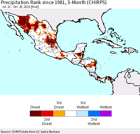 Mexico Central America and the Caribbean Precipitation Rank since 1981, 3-Month (CHIRPS) Thematic Map For 7/21/2023 - 10/20/2023