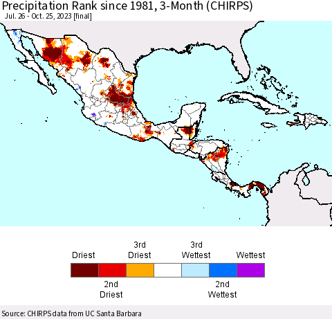 Mexico Central America and the Caribbean Precipitation Rank since 1981, 3-Month (CHIRPS) Thematic Map For 7/26/2023 - 10/25/2023