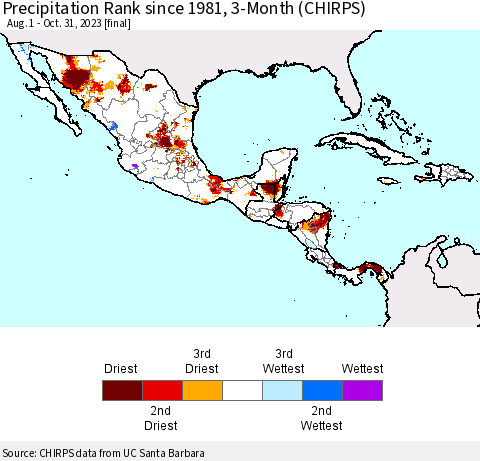 Mexico Central America and the Caribbean Precipitation Rank since 1981, 3-Month (CHIRPS) Thematic Map For 8/1/2023 - 10/31/2023