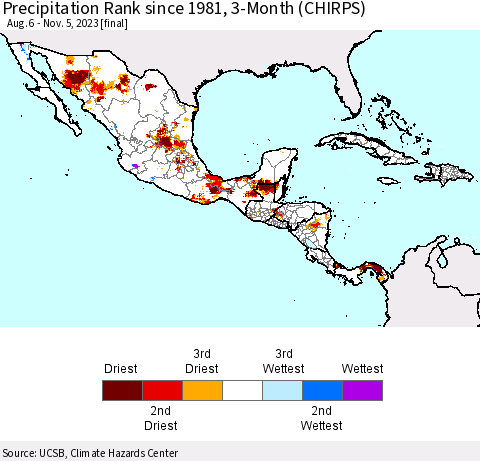 Mexico Central America and the Caribbean Precipitation Rank since 1981, 3-Month (CHIRPS) Thematic Map For 8/6/2023 - 11/5/2023