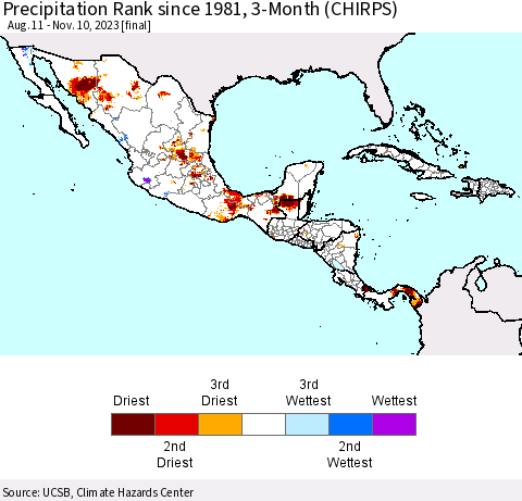 Mexico Central America and the Caribbean Precipitation Rank since 1981, 3-Month (CHIRPS) Thematic Map For 8/11/2023 - 11/10/2023