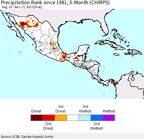 Mexico Central America and the Caribbean Precipitation Rank since 1981, 3-Month (CHIRPS) Thematic Map For 8/16/2023 - 11/15/2023