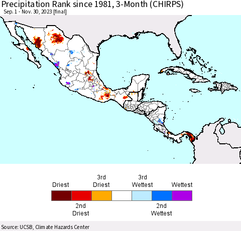 Mexico Central America and the Caribbean Precipitation Rank since 1981, 3-Month (CHIRPS) Thematic Map For 9/1/2023 - 11/30/2023