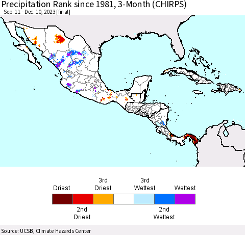 Mexico Central America and the Caribbean Precipitation Rank since 1981, 3-Month (CHIRPS) Thematic Map For 9/11/2023 - 12/10/2023