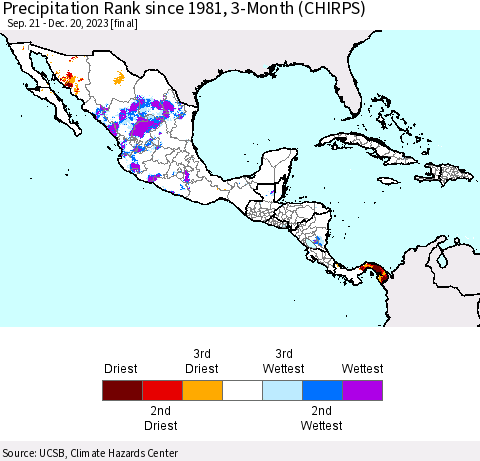 Mexico Central America and the Caribbean Precipitation Rank since 1981, 3-Month (CHIRPS) Thematic Map For 9/21/2023 - 12/20/2023