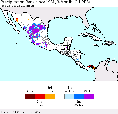 Mexico Central America and the Caribbean Precipitation Rank since 1981, 3-Month (CHIRPS) Thematic Map For 9/26/2023 - 12/25/2023