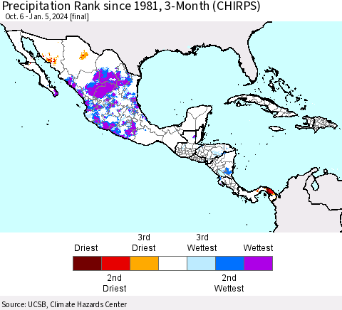Mexico Central America and the Caribbean Precipitation Rank since 1981, 3-Month (CHIRPS) Thematic Map For 10/6/2023 - 1/5/2024