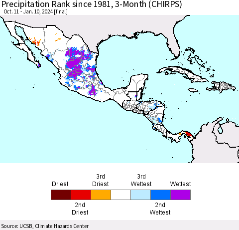 Mexico Central America and the Caribbean Precipitation Rank since 1981, 3-Month (CHIRPS) Thematic Map For 10/11/2023 - 1/10/2024