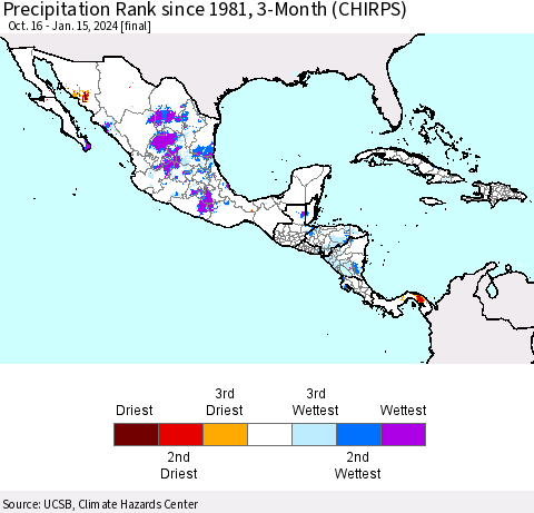 Mexico Central America and the Caribbean Precipitation Rank since 1981, 3-Month (CHIRPS) Thematic Map For 10/16/2023 - 1/15/2024