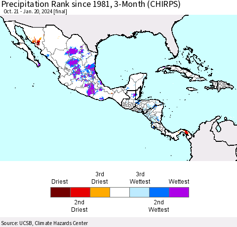 Mexico Central America and the Caribbean Precipitation Rank since 1981, 3-Month (CHIRPS) Thematic Map For 10/21/2023 - 1/20/2024