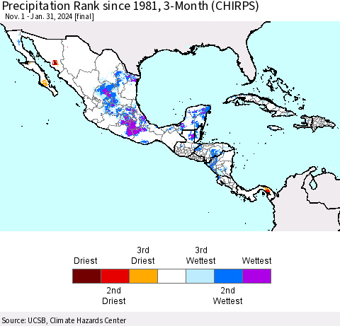 Mexico Central America and the Caribbean Precipitation Rank since 1981, 3-Month (CHIRPS) Thematic Map For 11/1/2023 - 1/31/2024