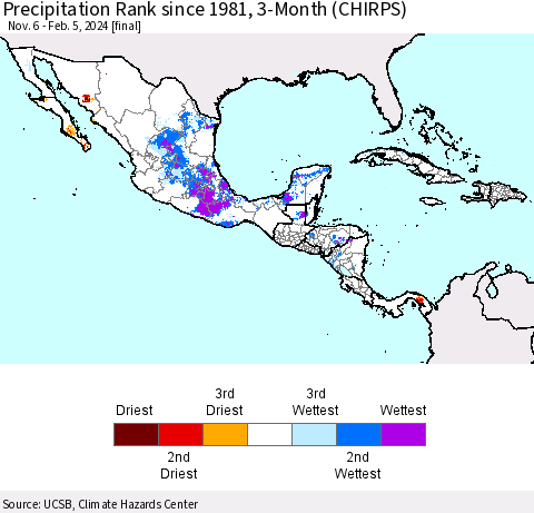 Mexico Central America and the Caribbean Precipitation Rank since 1981, 3-Month (CHIRPS) Thematic Map For 11/6/2023 - 2/5/2024