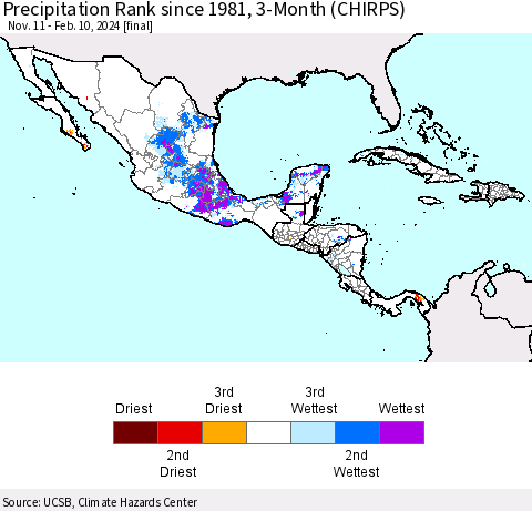 Mexico Central America and the Caribbean Precipitation Rank since 1981, 3-Month (CHIRPS) Thematic Map For 11/11/2023 - 2/10/2024