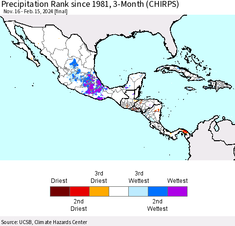 Mexico Central America and the Caribbean Precipitation Rank since 1981, 3-Month (CHIRPS) Thematic Map For 11/16/2023 - 2/15/2024