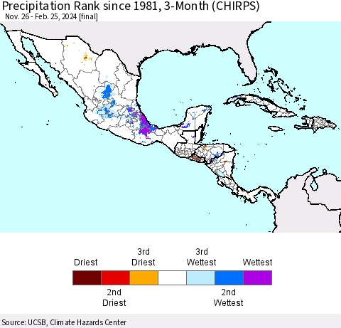Mexico Central America and the Caribbean Precipitation Rank since 1981, 3-Month (CHIRPS) Thematic Map For 11/26/2023 - 2/25/2024