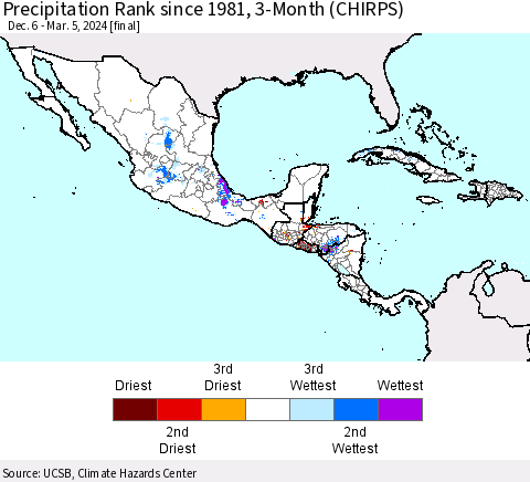Mexico Central America and the Caribbean Precipitation Rank since 1981, 3-Month (CHIRPS) Thematic Map For 12/6/2023 - 3/5/2024