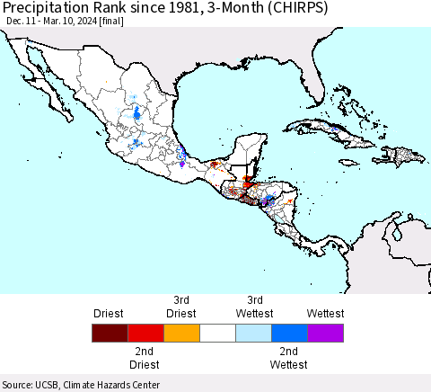 Mexico Central America and the Caribbean Precipitation Rank since 1981, 3-Month (CHIRPS) Thematic Map For 12/11/2023 - 3/10/2024