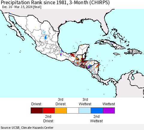 Mexico Central America and the Caribbean Precipitation Rank since 1981, 3-Month (CHIRPS) Thematic Map For 12/16/2023 - 3/15/2024