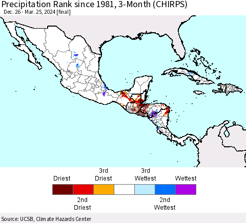 Mexico Central America and the Caribbean Precipitation Rank since 1981, 3-Month (CHIRPS) Thematic Map For 12/26/2023 - 3/25/2024