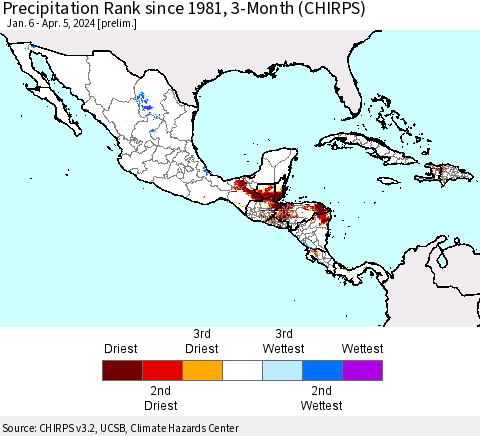 Mexico Central America and the Caribbean Precipitation Rank since 1981, 3-Month (CHIRPS) Thematic Map For 1/6/2024 - 4/5/2024