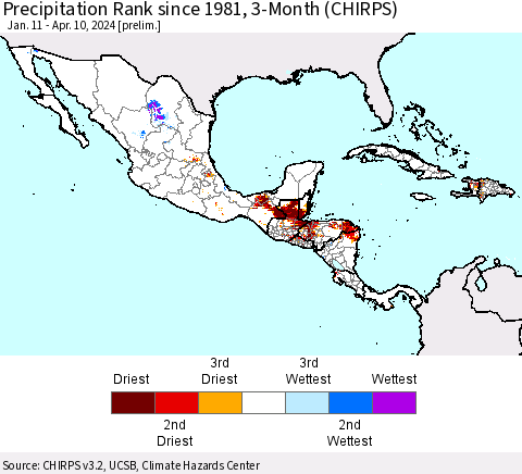 Mexico Central America and the Caribbean Precipitation Rank since 1981, 3-Month (CHIRPS) Thematic Map For 1/11/2024 - 4/10/2024