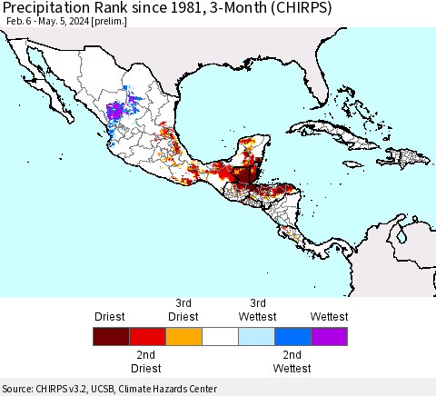 Mexico Central America and the Caribbean Precipitation Rank since 1981, 3-Month (CHIRPS) Thematic Map For 2/6/2024 - 5/5/2024